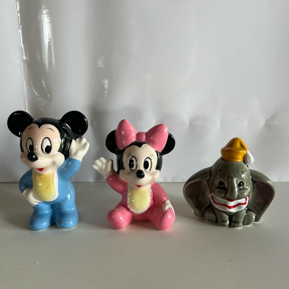 Vintage Porcelain Disney Baby Mickey and Minnie Mouse with Dumbo Figurine Set